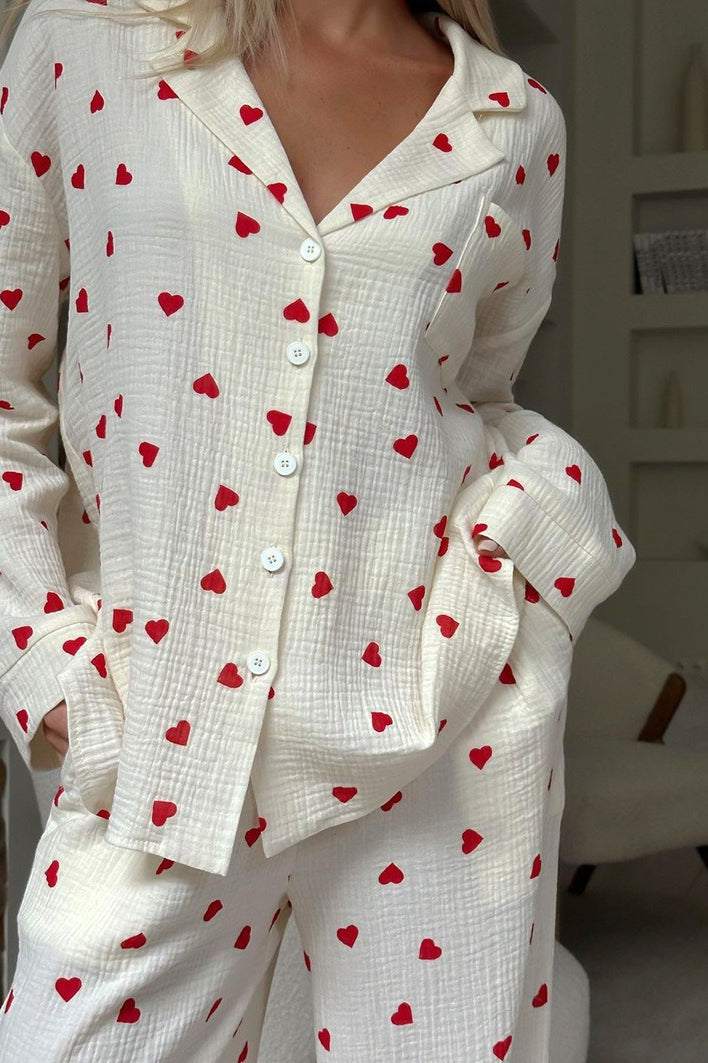 Heart Print Crinkle Notch Collar Shirt and Pants Pajama Set