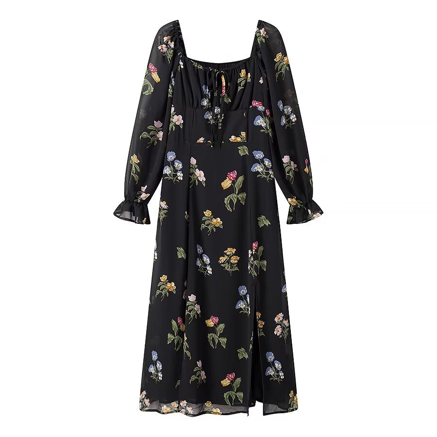 Simple Square Collar Long Sleeve Printing Dress
