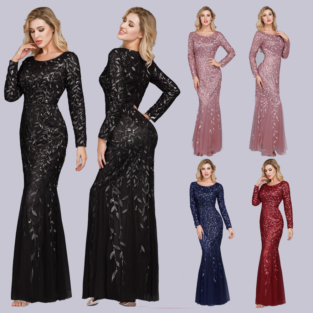 Sequin Round Neck Long Sleeve Mermaid Gown