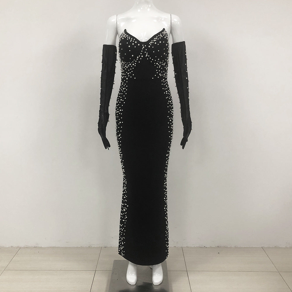 Pearl Decoration Socialite Tube Top Bandage Dress