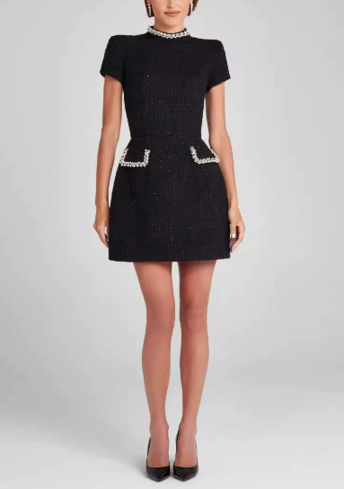 Tweed Pearl Trim Mock Neck Short Sleeve Pocketed Mini Dress