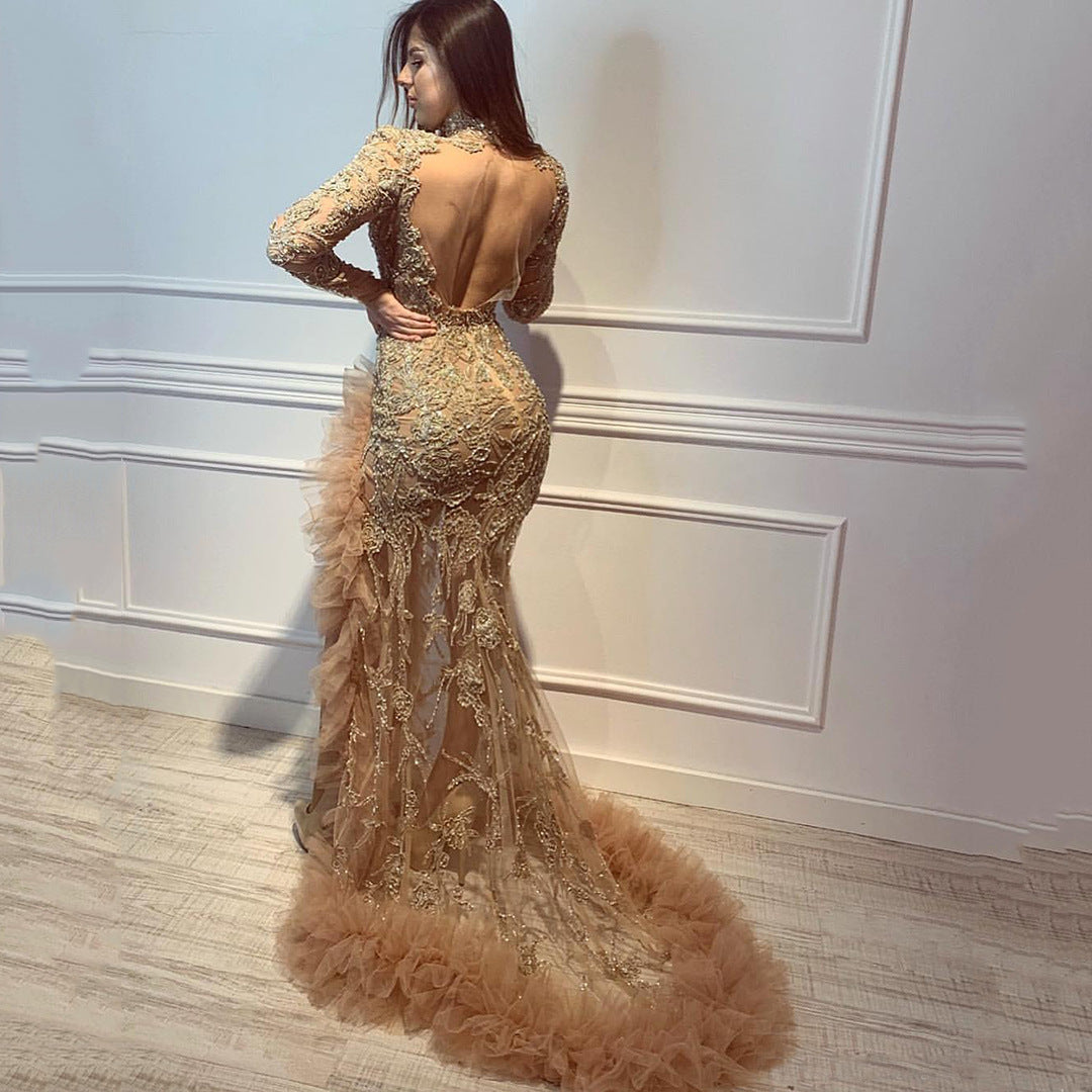 Beaded Lace High Neck Long Sleeve Open Back Mermaid Gown with Ruffle Hem