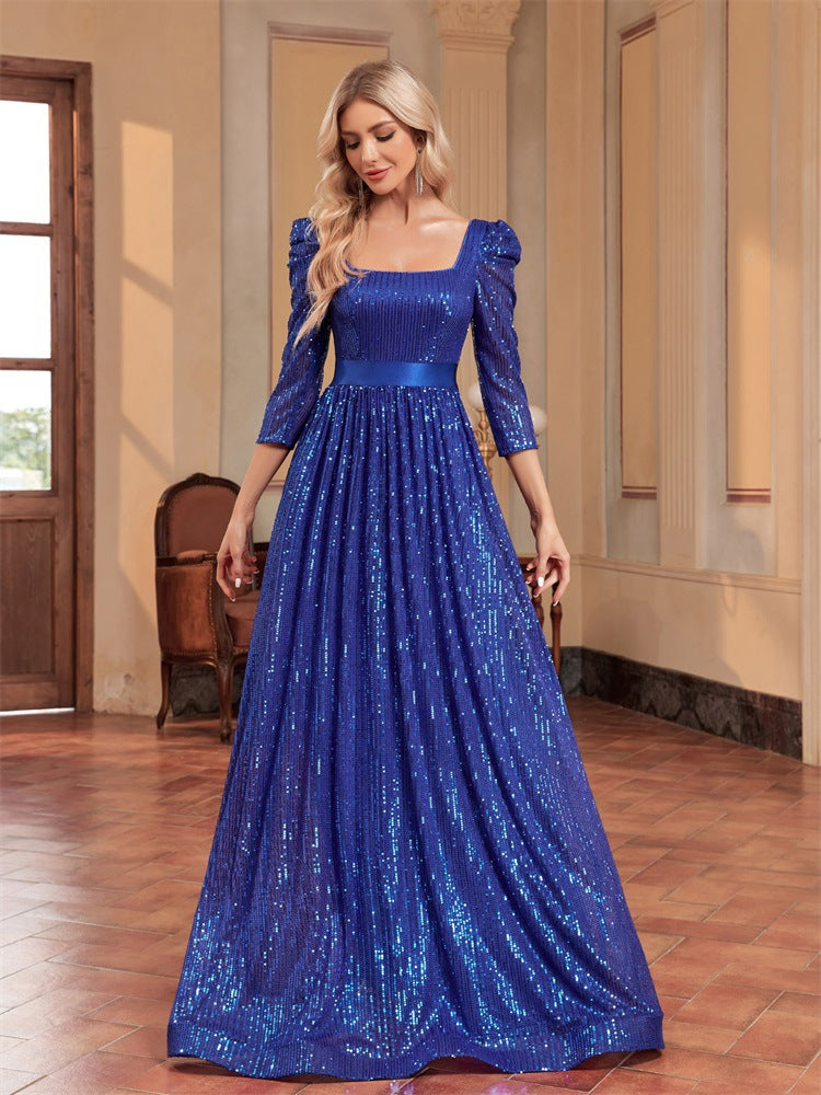 Sequin Square Neck Puff Sleeve Belted A-Line Maxi Dress