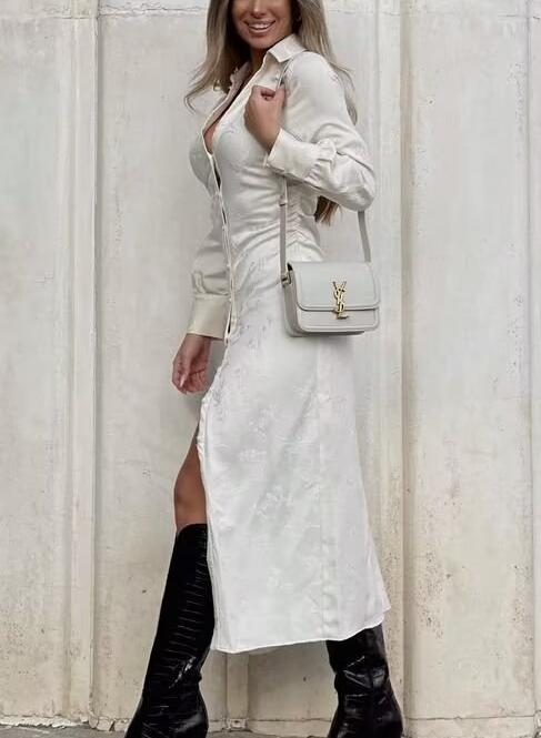 Satin Jacquard Long Sleeve Collared Button Down Ruched High Split Maxi Dress