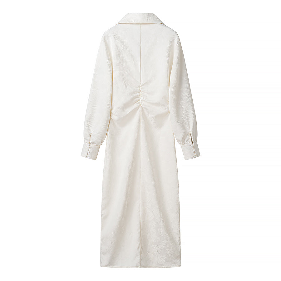 Satin Jacquard Long Sleeve Collared Button Down Ruched High Split Maxi Dress