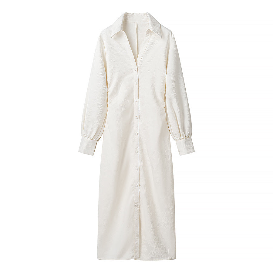 Satin Jacquard Long Sleeve Collared Button Down Ruched High Split Maxi Dress