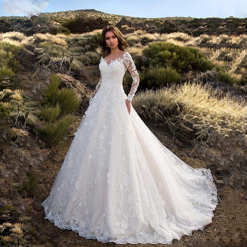 Long Sleeve Solid Color See through Lace Bridal Wedding Dress - View 5