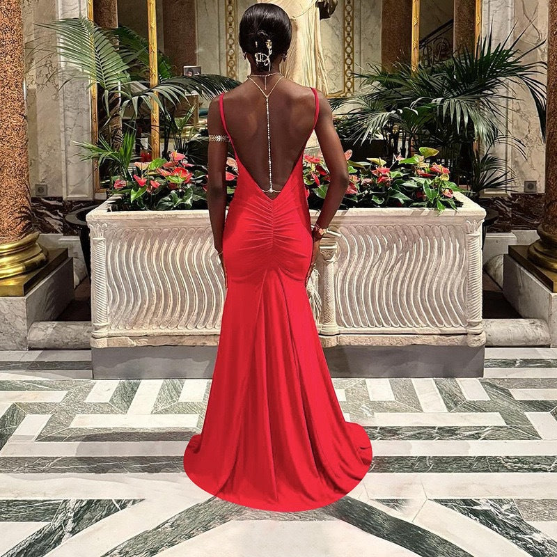 Spaghetti Strap Low Back Ruched Mermaid Maxi Gown with Train