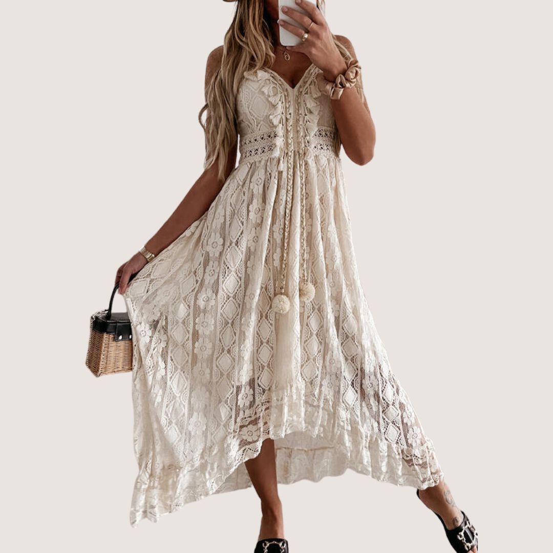 Exclusive Flavia Bohemian Lace Midi Dress with High Low Hem Premium Wardrobe Essential