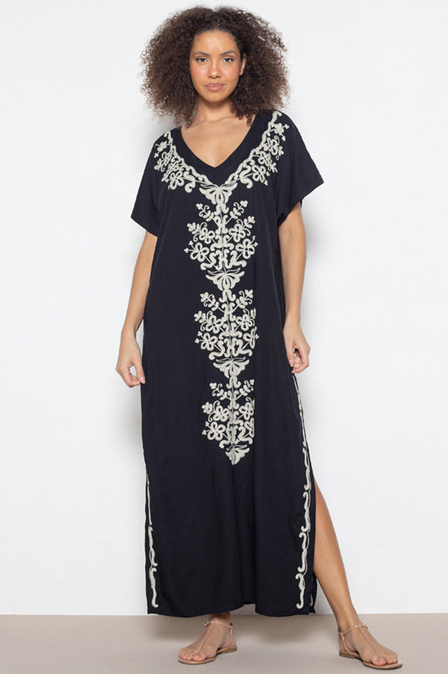Embroidered V-Neck Short Sleeve Kaftan Maxi Dress 6