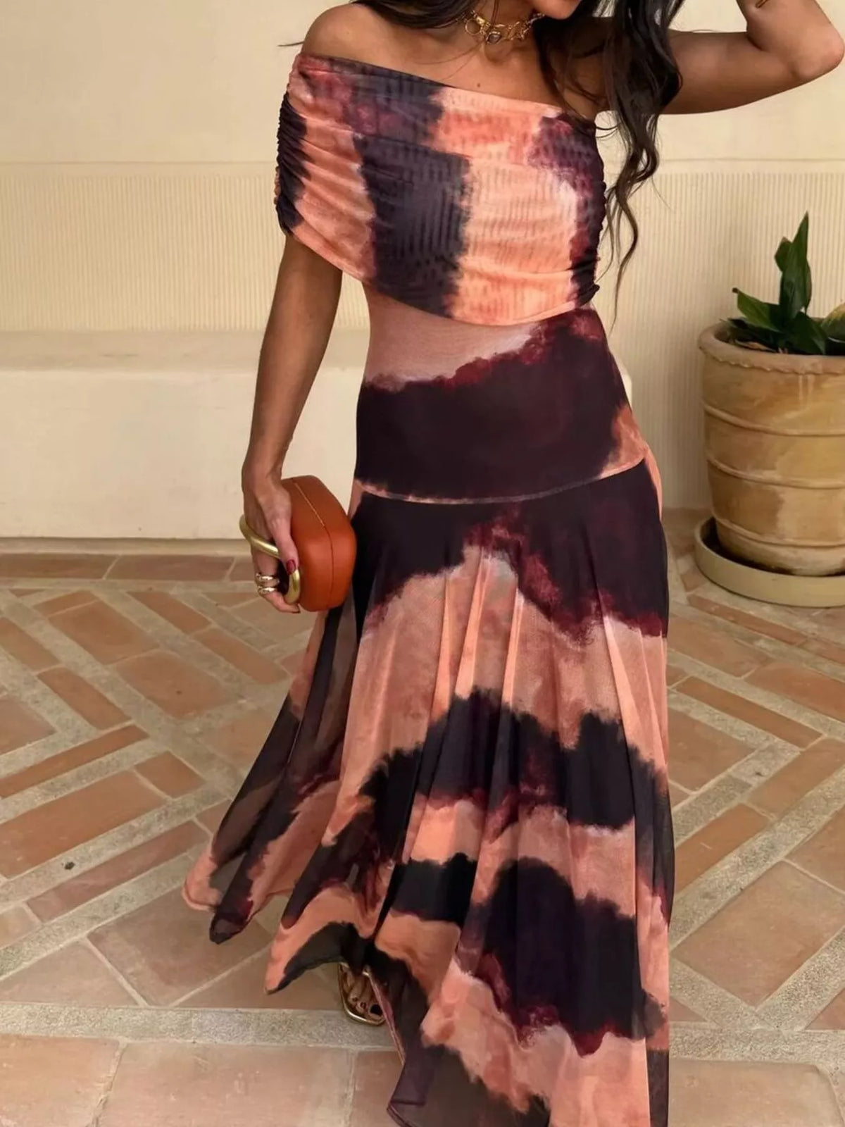 Tie Dye Mesh One Shoulder Ruched Bodice Flowy Maxi Dress 6