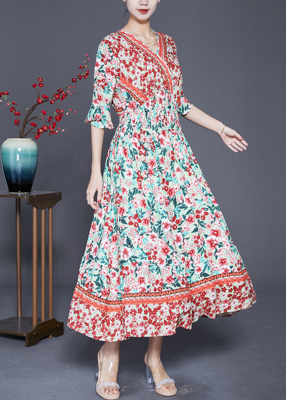 V-Neck Butterfly Sleeve Smocked Waist Border Print Maxi Dress