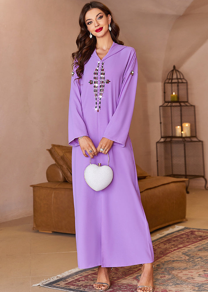 Hooded Rhinestone Embellished Long Sleeve Kaftan Maxi Dress