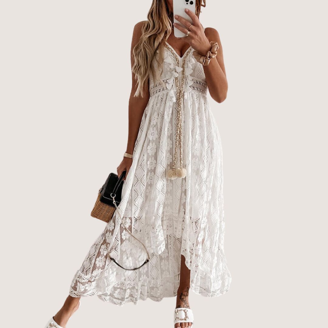 Exclusive Flavia Bohemian Lace Midi Dress with High Low Hem Premium Wardrobe Essential
