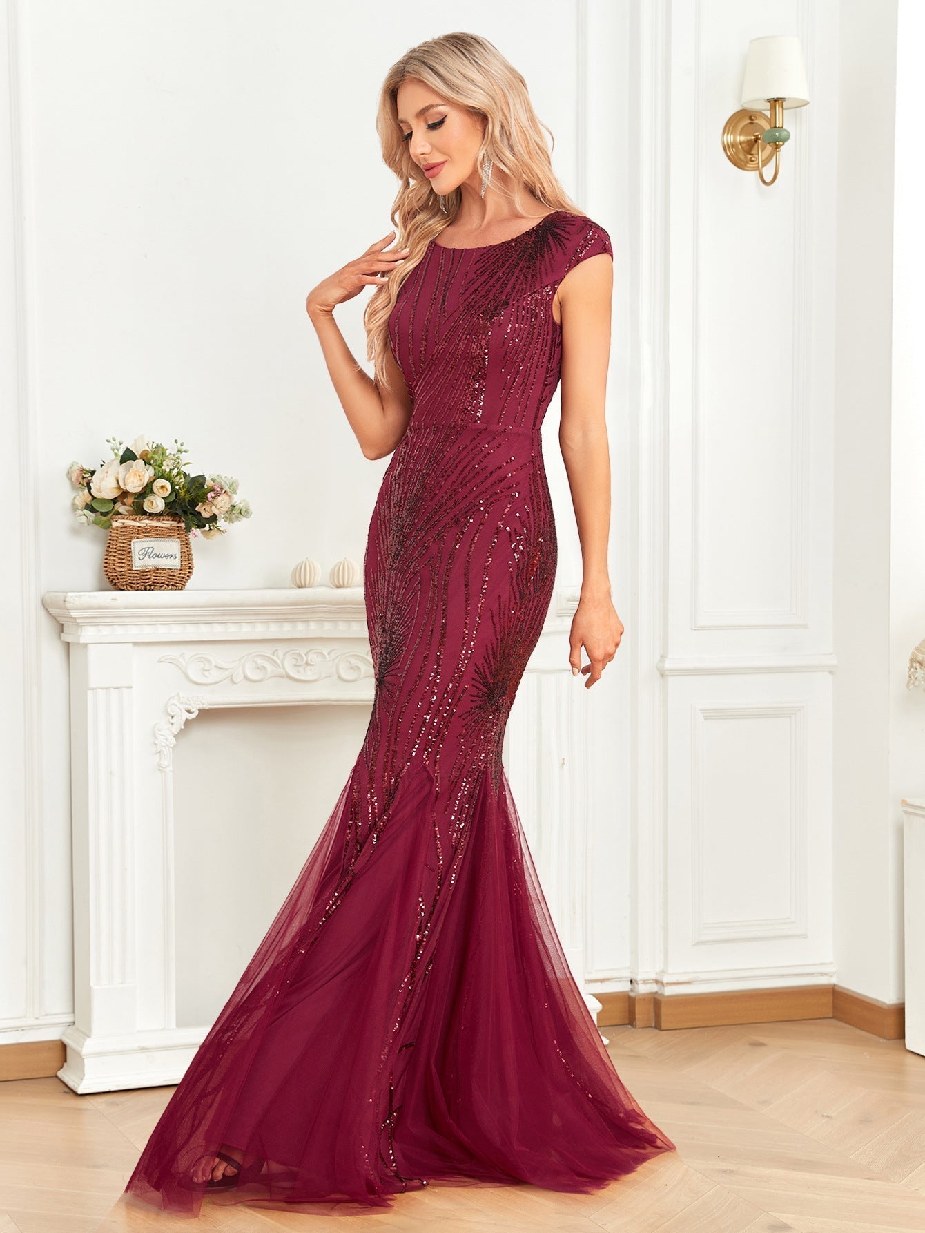 Sequin Round Neck Cap Sleeve Mermaid Fishtail Maxi Dress
