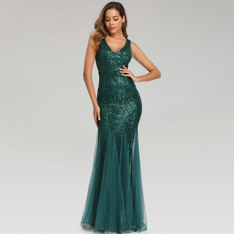 Sequin V-Neck Sleeveless Mesh Panel Mermaid Maxi Dress