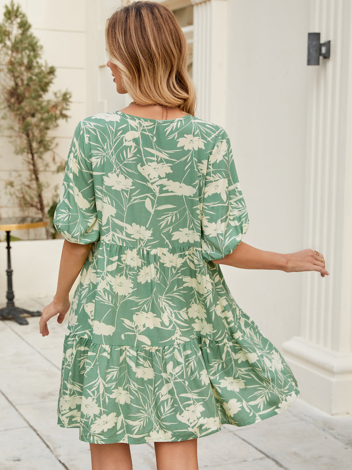 Leaf Print V-Neck Puff Short Sleeve Tiered Babydoll Mini Dress 3
