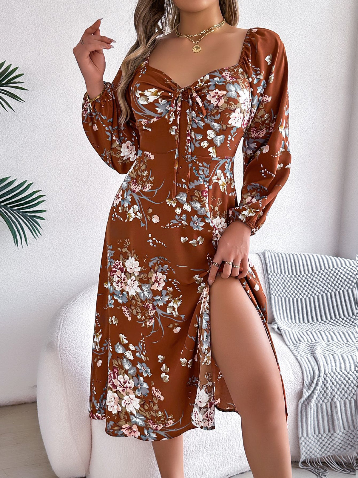 Floral Print Sweetheart Tie Front Long Sleeve Side Split A-Line Midi Dress