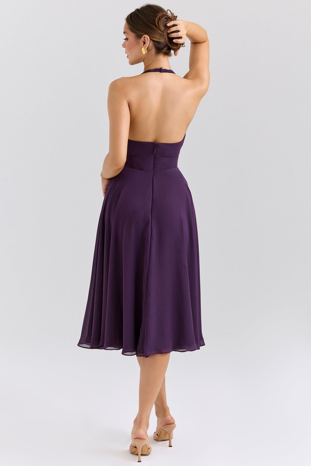 Georgette Halter Plunge Fit and Flare Midi Dress 6