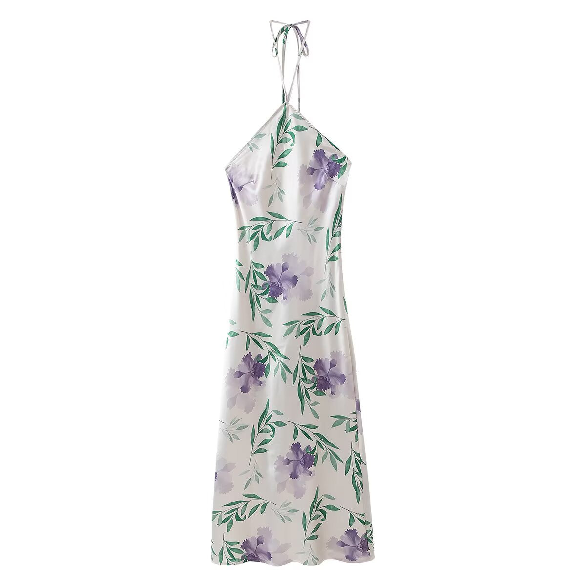 Floral Print Satin Halter Neck Tie Back Midi Slip Dress