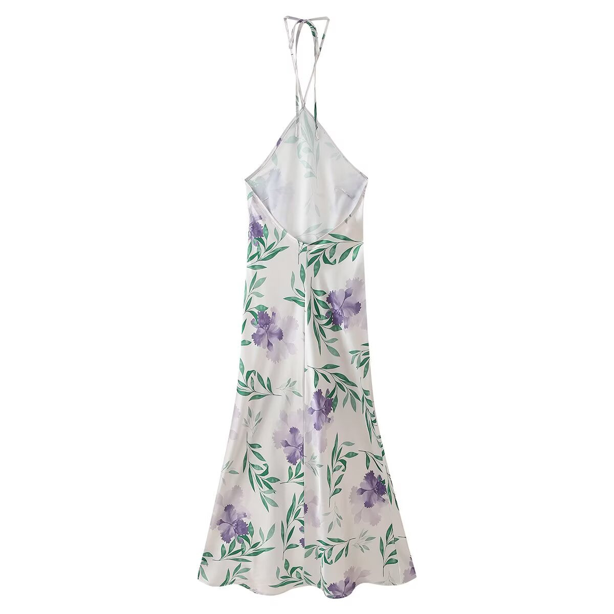 Floral Print Satin Halter Neck Tie Back Midi Slip Dress 2