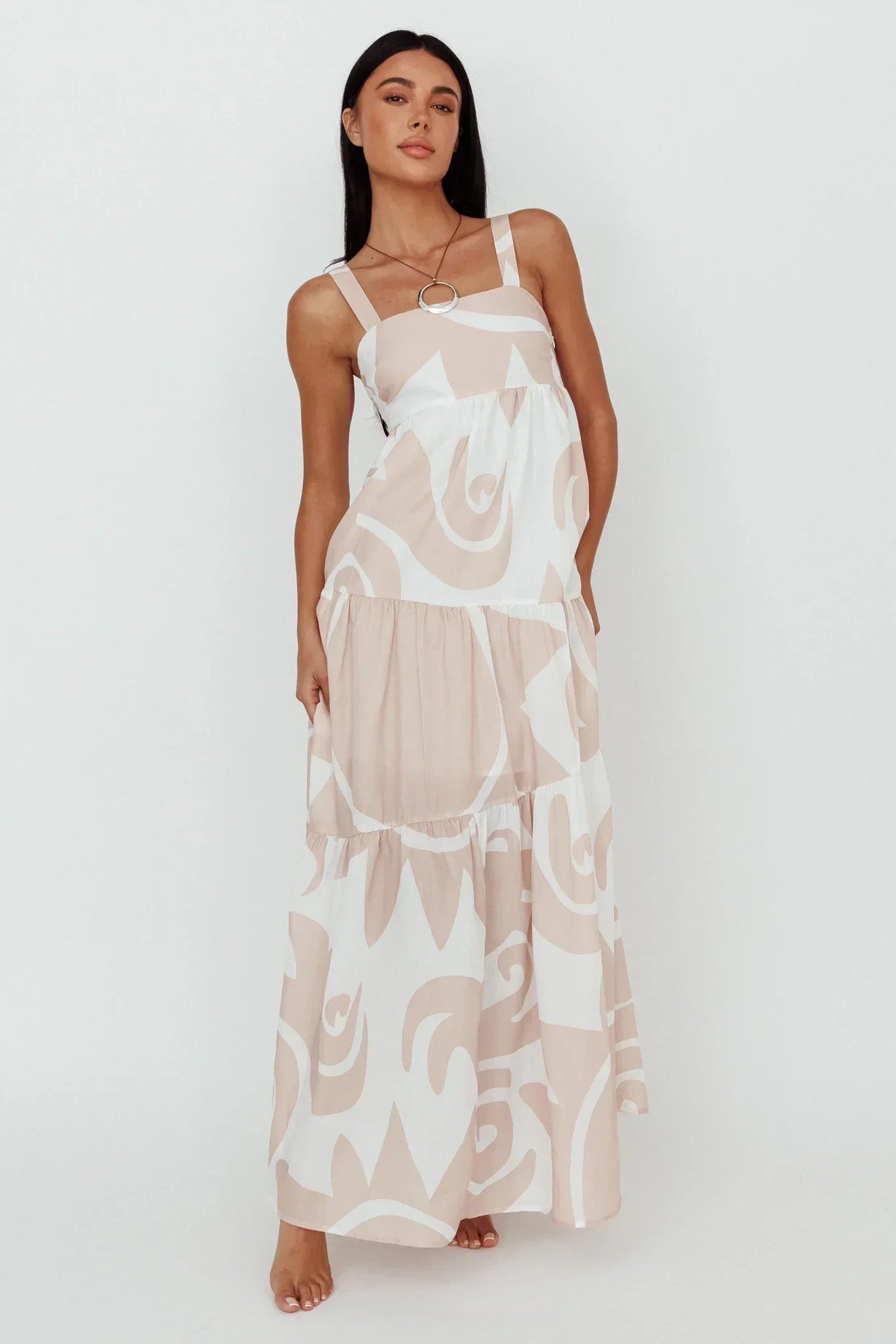 Abstract Print Square Neck Cami Tiered Maxi Dress 3