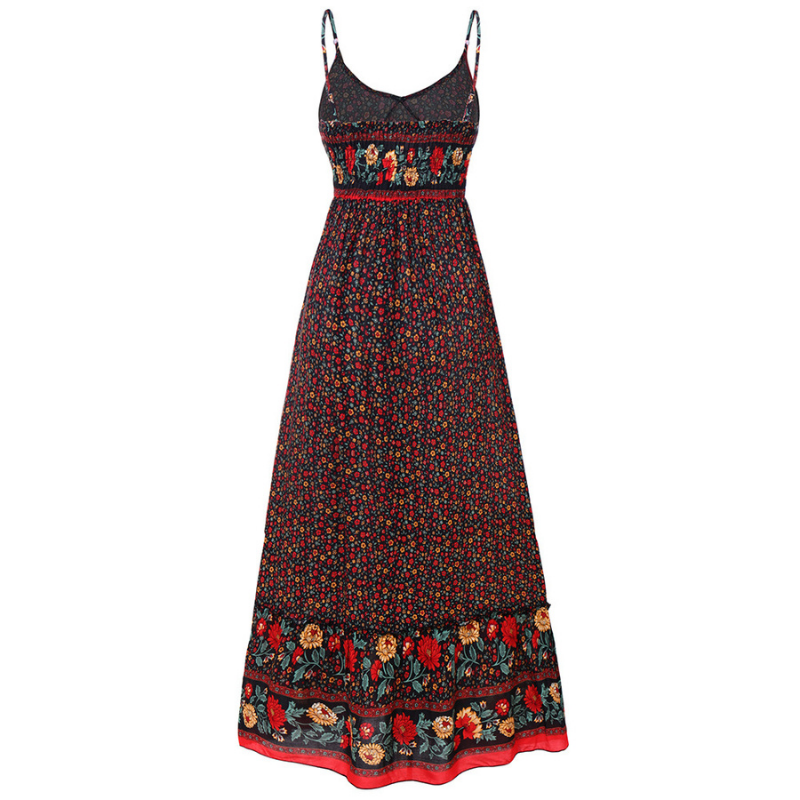 Floral Print Spaghetti Strap V-Neck Border Hem Tiered Ruffle Maxi Dress