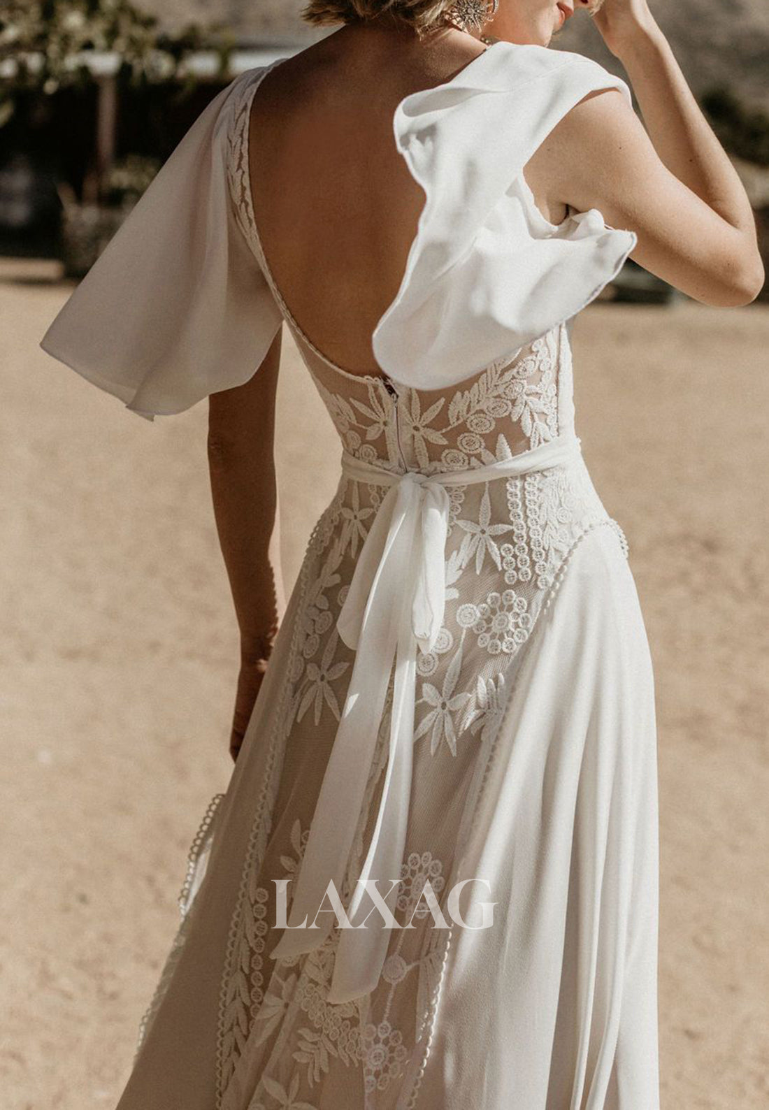 V-Neck Short-Sleeves Lace Backless Bride Gowns Chiffon A-Line Wedding Dress with Sweep Train