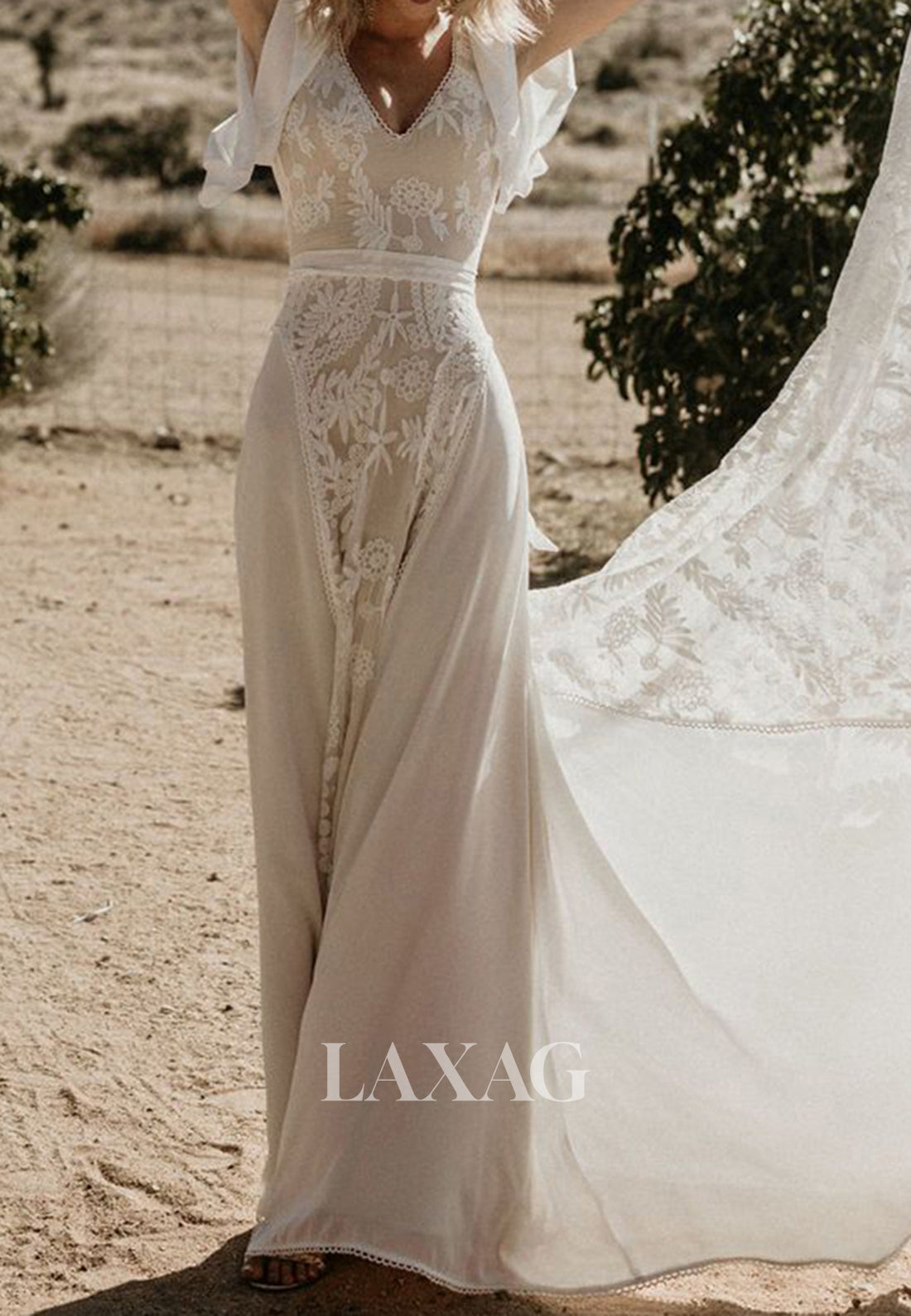V-Neck Short-Sleeves Lace Backless Bride Gowns Chiffon A-Line Wedding Dress with Sweep Train
