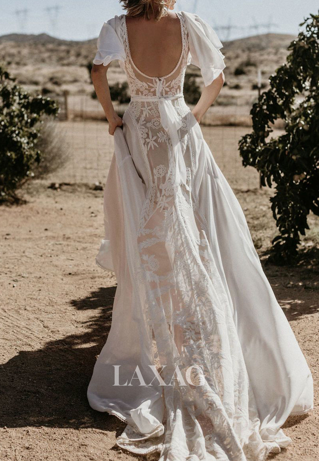 V-Neck Short-Sleeves Lace Backless Bride Gowns Chiffon A-Line Wedding Dress with Sweep Train