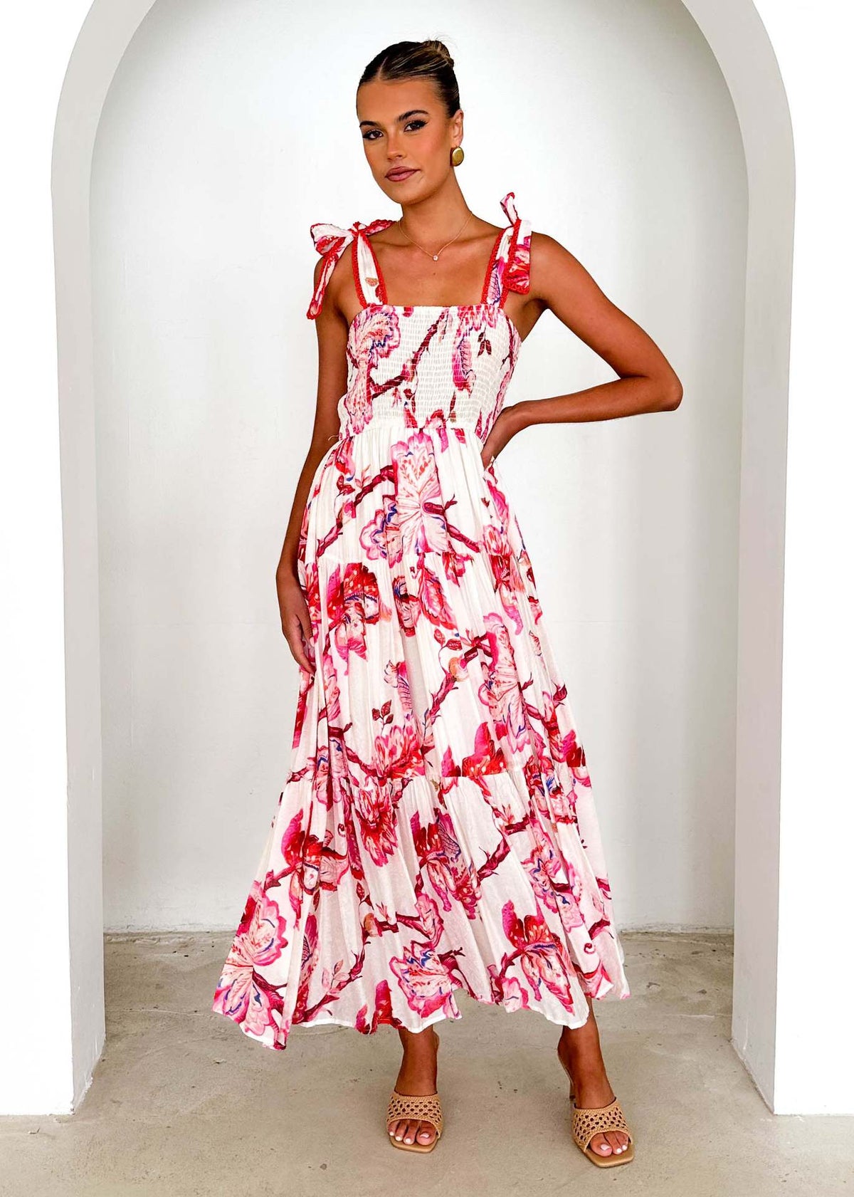 Watercolor Print Smocked Bodice Tie Shoulder Strap Tiered Maxi Dress 4