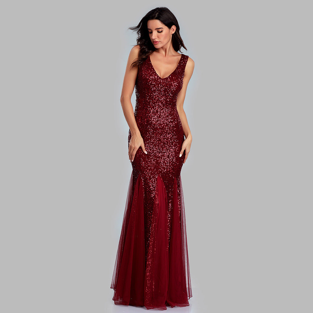 Sequin V-Neck Sleeveless Mesh Panel Mermaid Maxi Dress