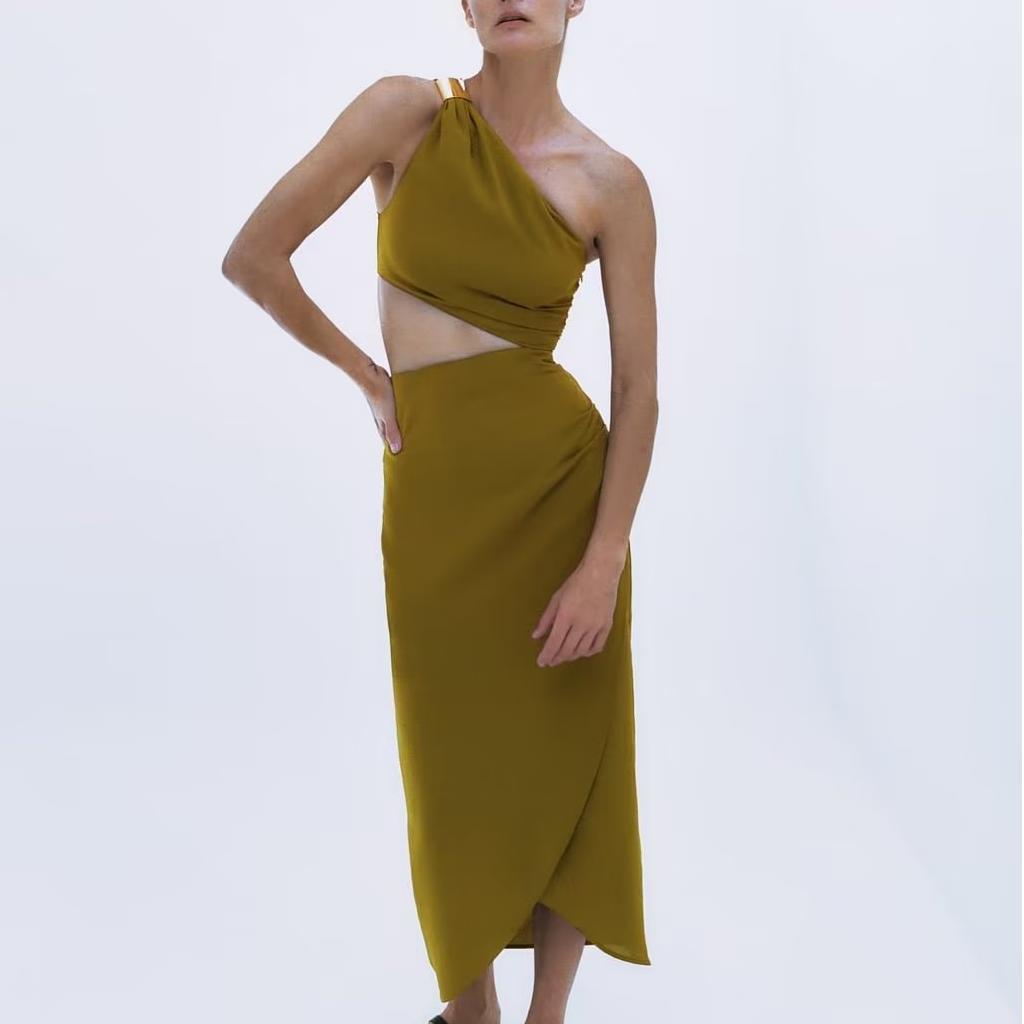 Spring Women Clothing Diagonal Collar Waist-Baring Slim Fit Mid Length Dress Women