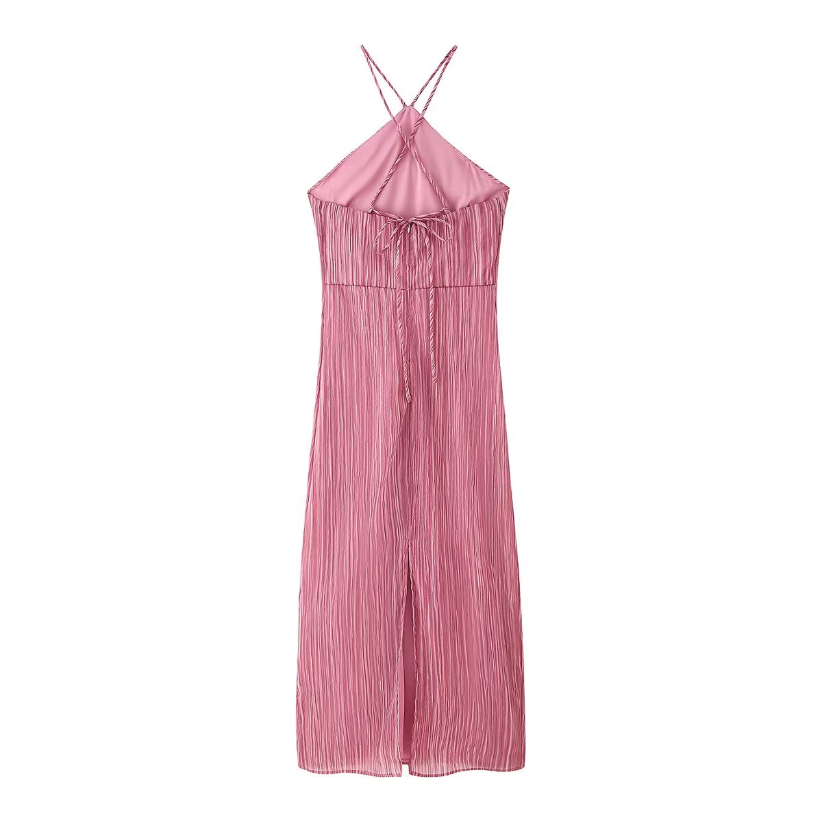 Spring Summer Slim Halter Lace up Texture Dress - View 2