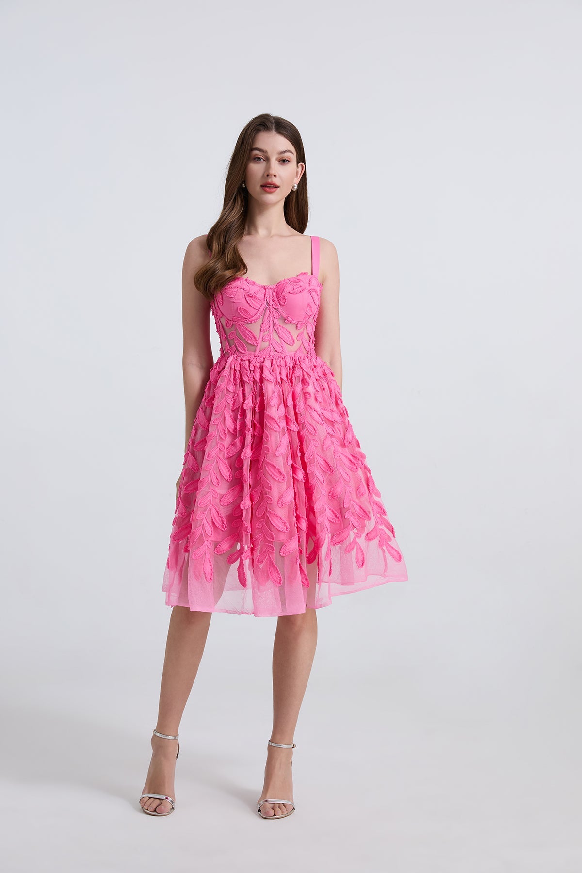 Embroidered Lace Mesh Slim Fit Fishbone Wire Halter Top Dress - View 2