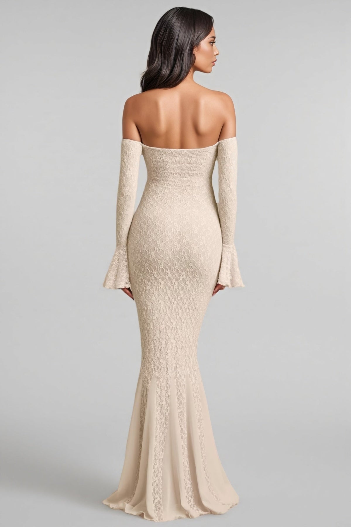 Lace Off Shoulder Ruffle Bell Sleeve Mermaid Maxi Dress 5
