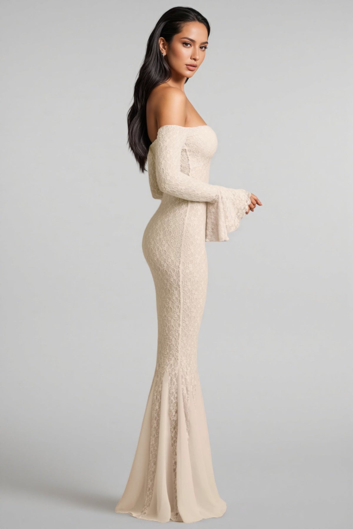 Lace Off Shoulder Ruffle Bell Sleeve Mermaid Maxi Dress 3