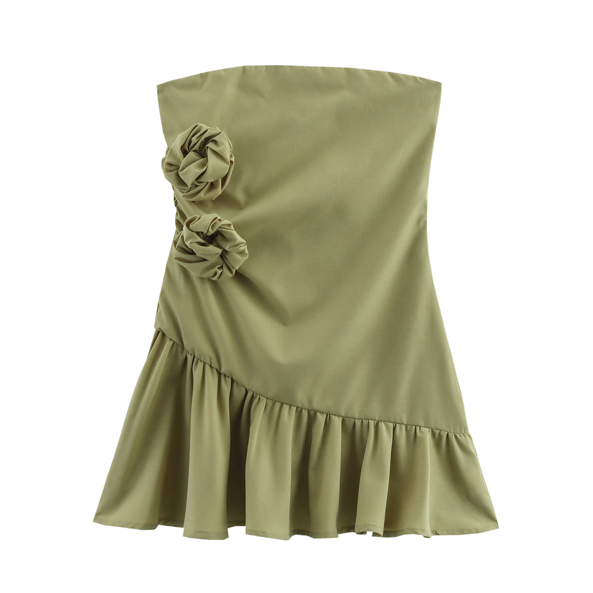 Rosette Strapless Tube Asymmetric Ruffle Hem Mini Dress 2