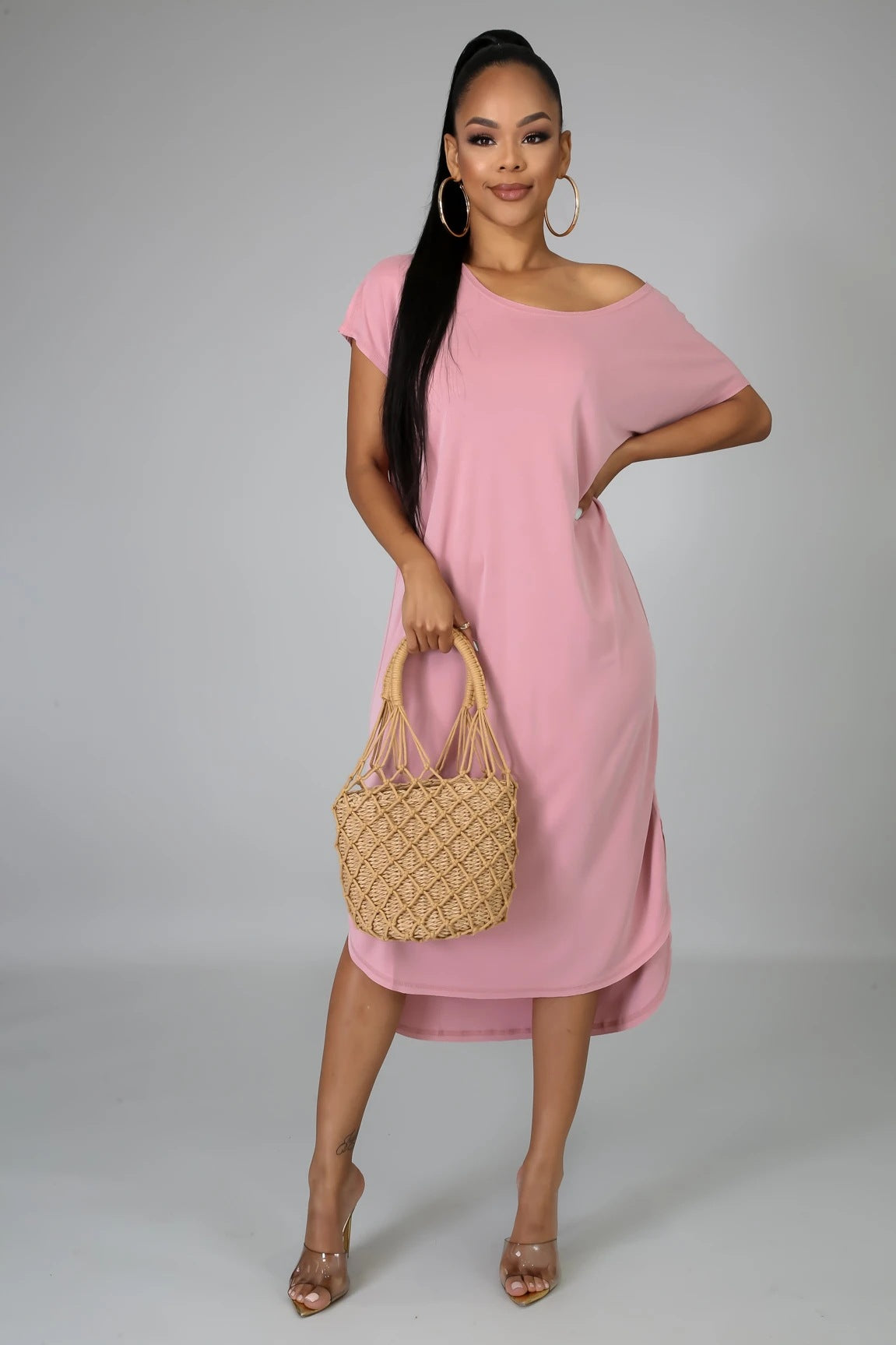Off Shoulder Short Sleeve Curved Split Hem Loose Midi T Shirt Dress 2