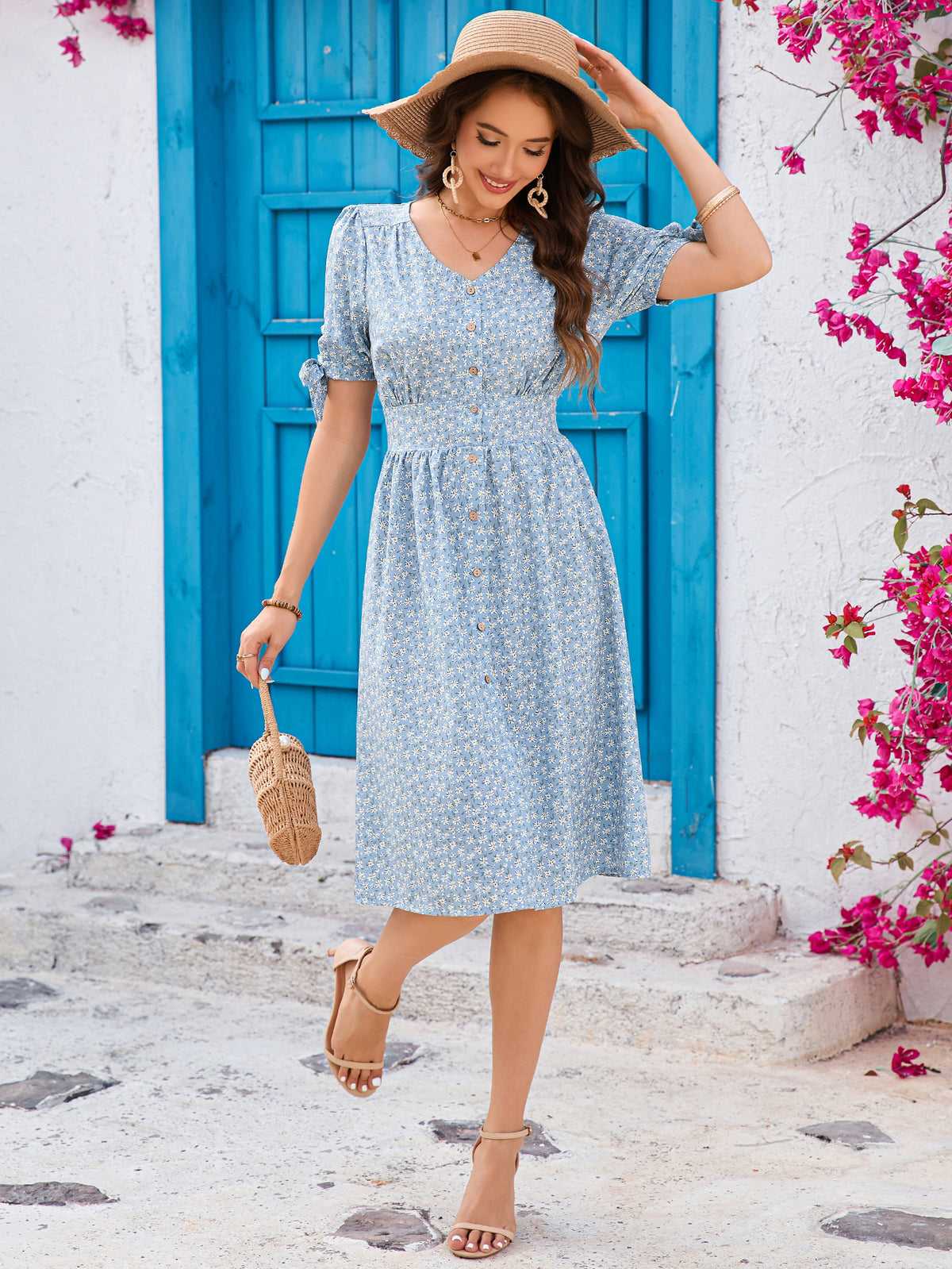 Ditsy Floral V-Neck Tie Sleeve Button Front Smocked Waist Midi Dress 5