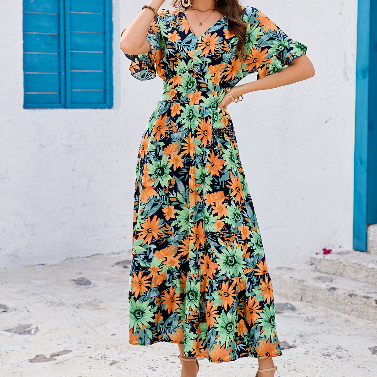 Print Ruffled Batwing Sleeves V Neck Cinched Waist Big Swing Dress Bohemian Beach Vacation Dress