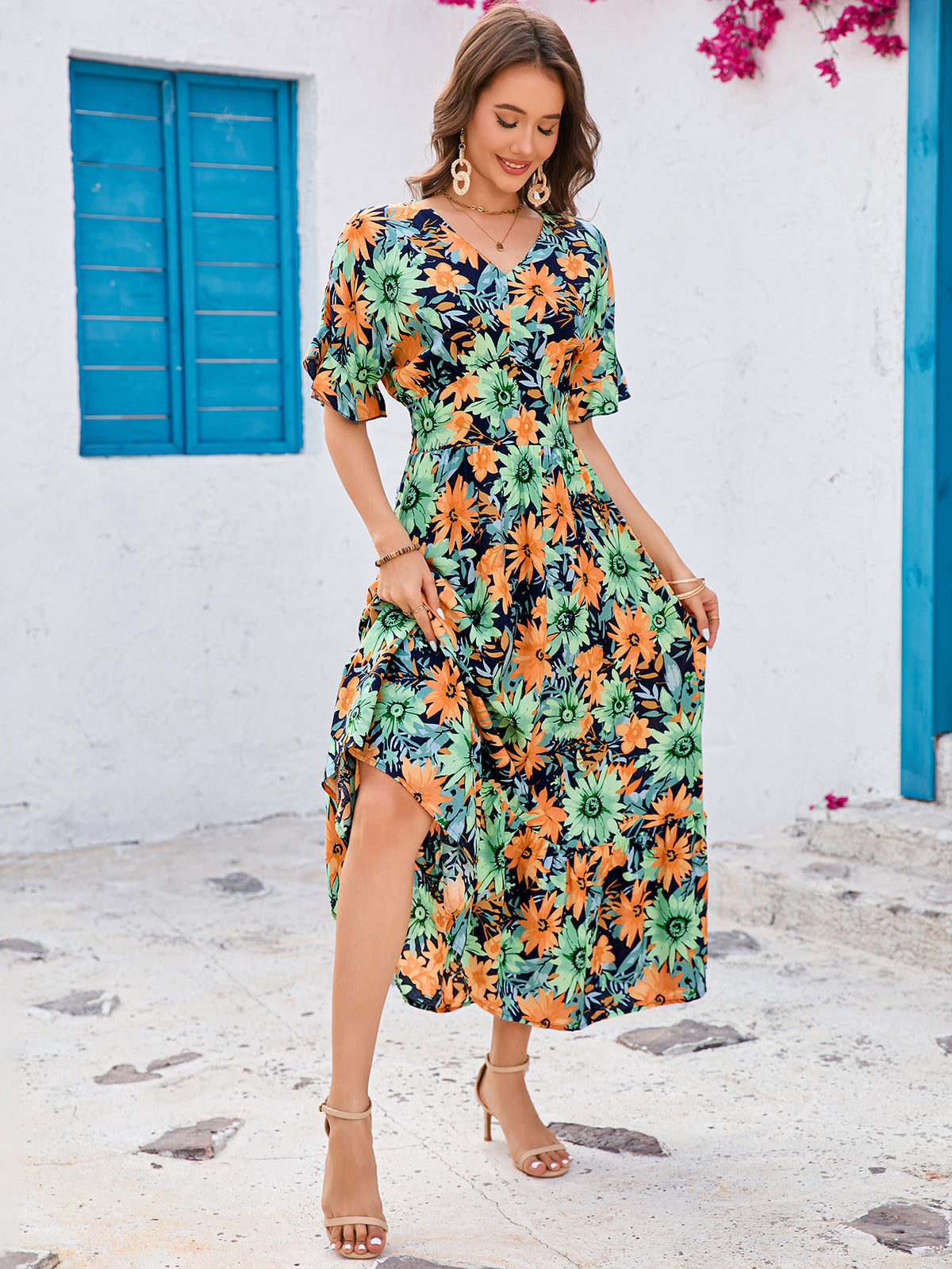 Print Ruffled Batwing Sleeves V Neck Cinched Waist Big Swing Dress Bohemian Beach Vacation Dress