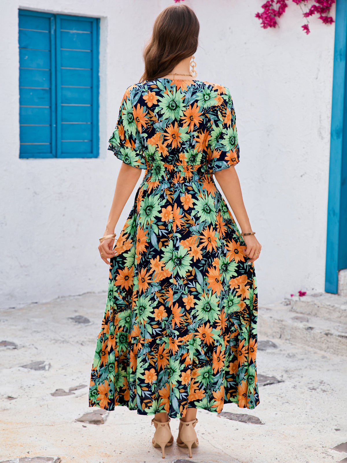 Print Ruffled Batwing Sleeves V Neck Cinched Waist Big Swing Dress Bohemian Beach Vacation Dress