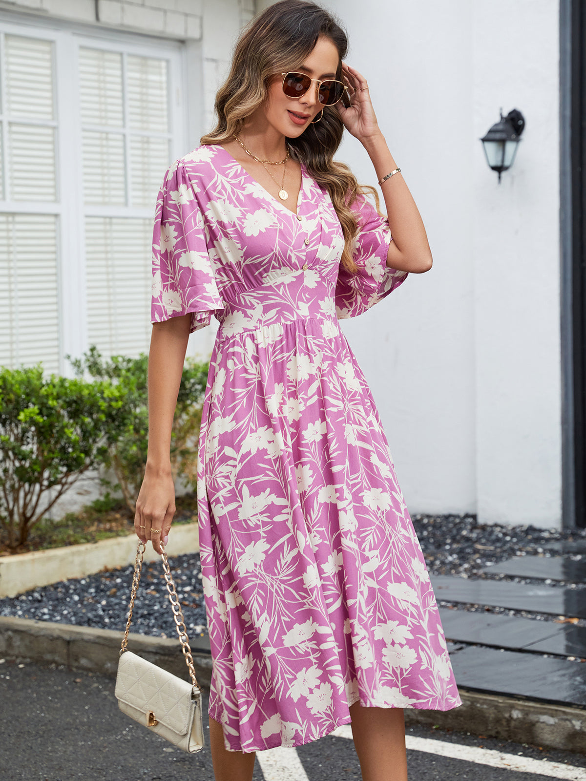 Printed V Neck Short Sleeved Waist Dress Bohemian Vacation Party Beach Dress