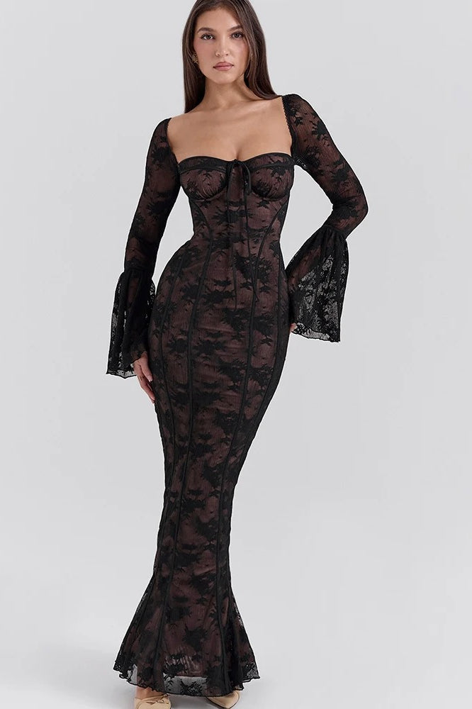Square Collar Extended Sleeve Maxi Dress
