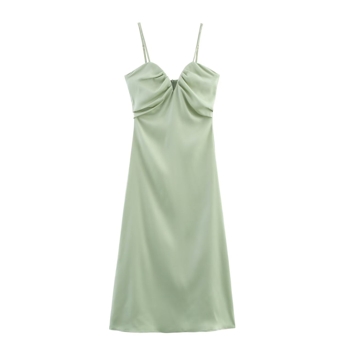 Satin Sweetheart Neck Ruched Bust Spaghetti Strap Midi Slip Dress 2