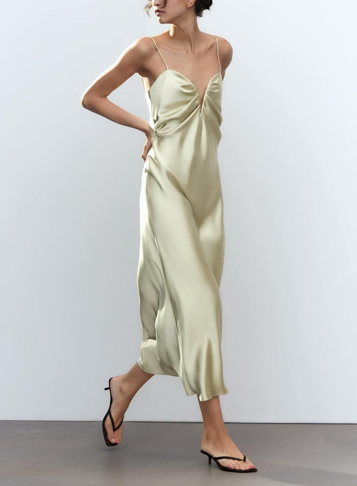 Satin Sweetheart Neck Ruched Bust Spaghetti Strap Midi Slip Dress