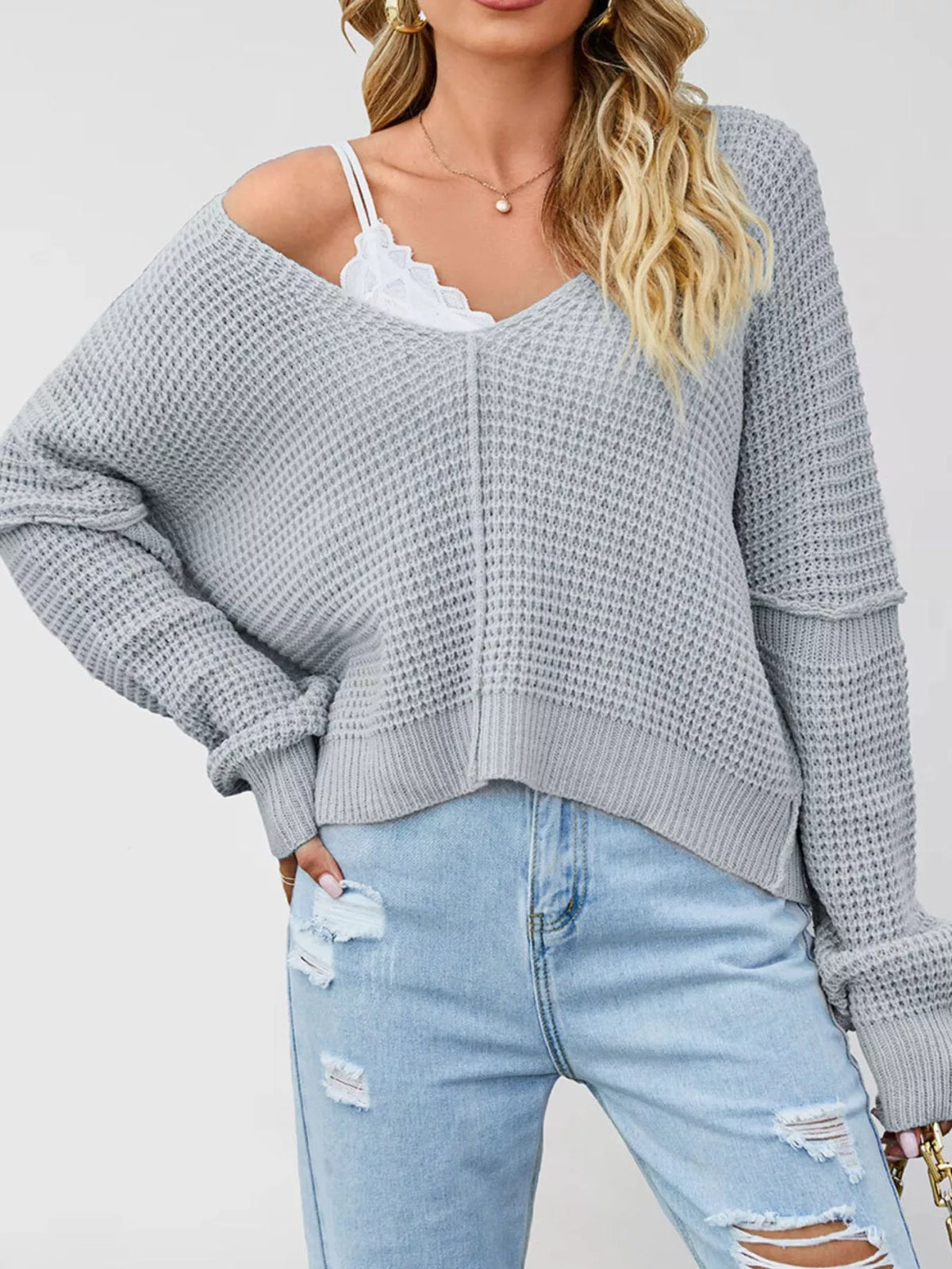 V-Neck Waffle Knit Drop Shoulder Exposed Seam Long Sleeve Sweater 2