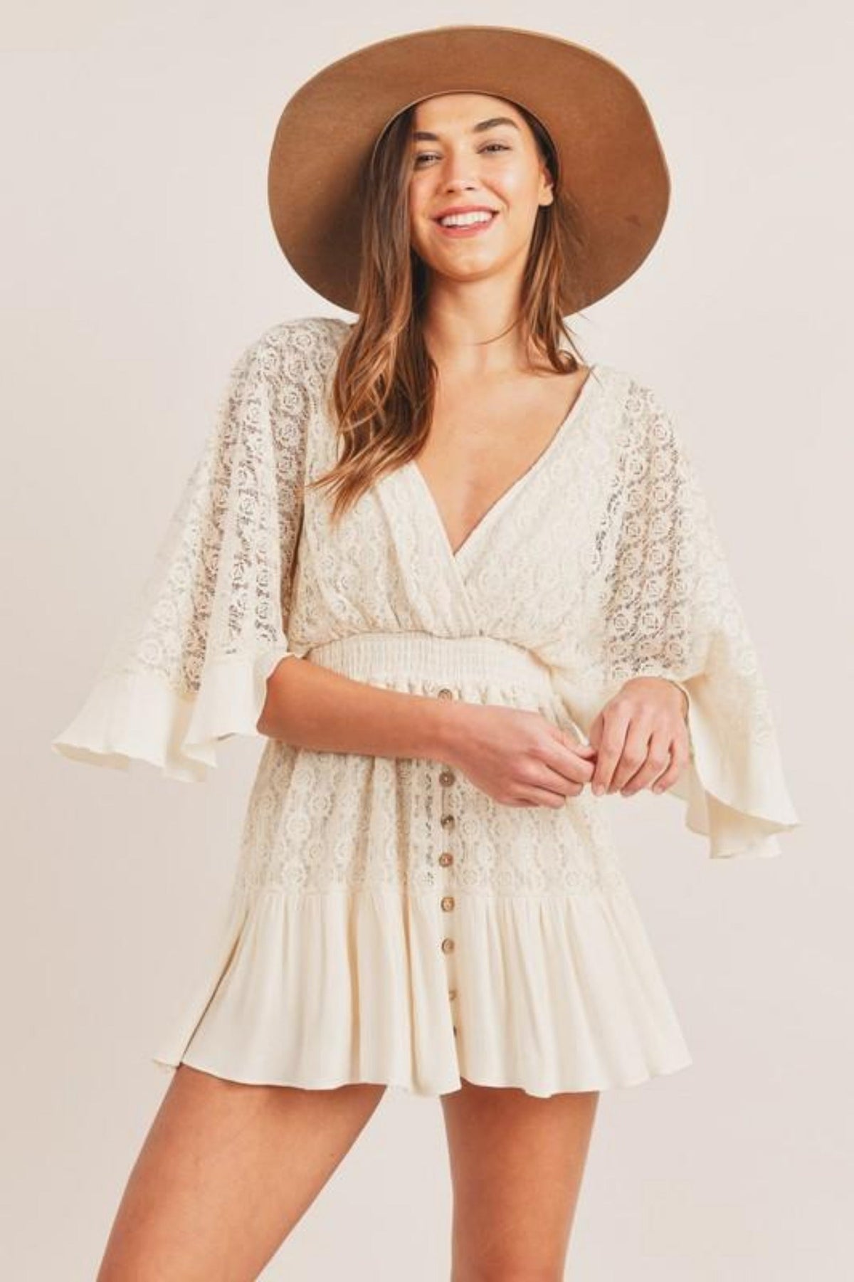 Crochet Lace V-Neck Flutter Sleeve Smocked Waist Button Front Mini Dress 2