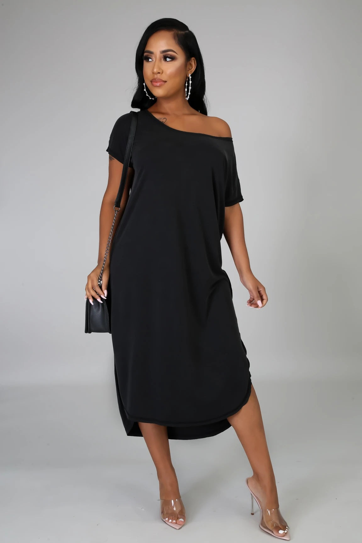 Off Shoulder Short Sleeve Curved Split Hem Loose Midi T Shirt Dress 5